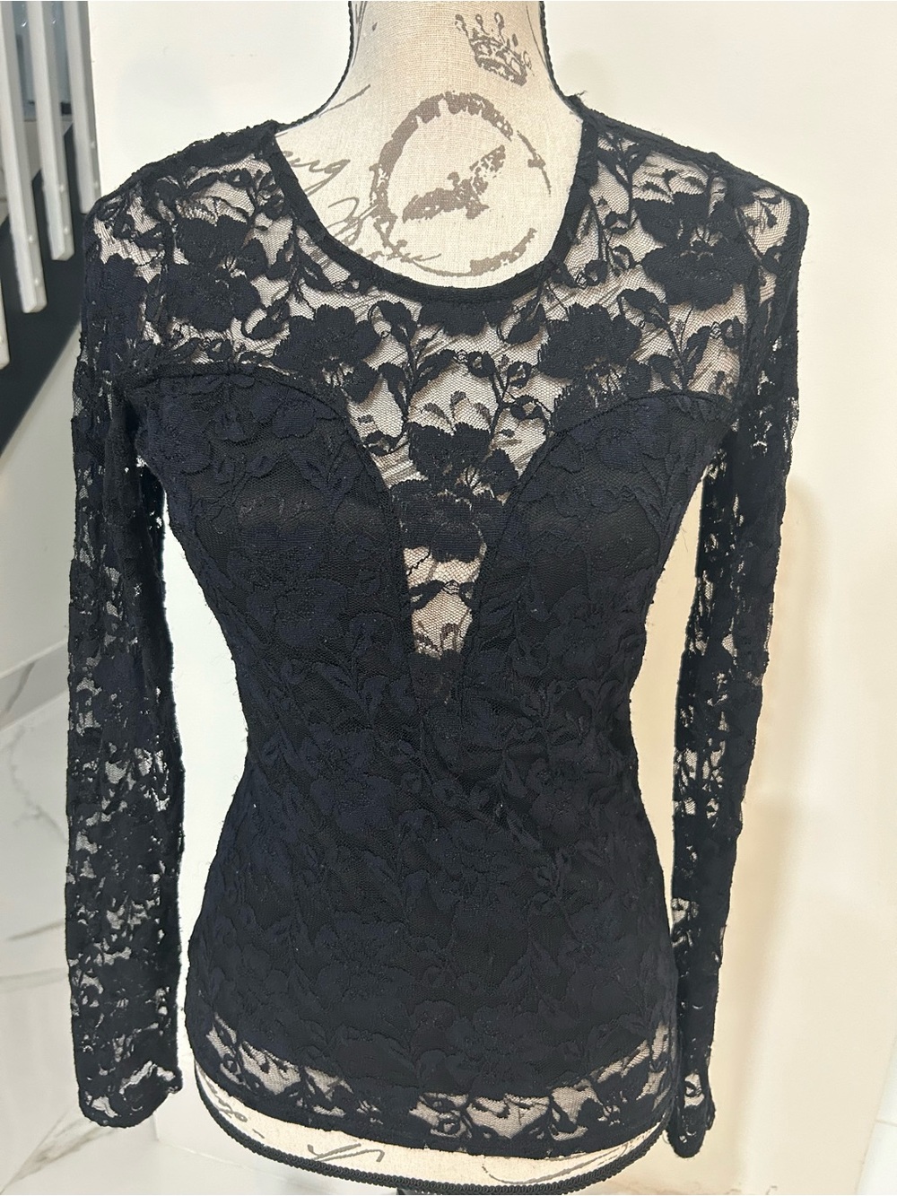 Black Lace Long-Sleeve Sheer Bodice Women's Blouse Stretchy Size M